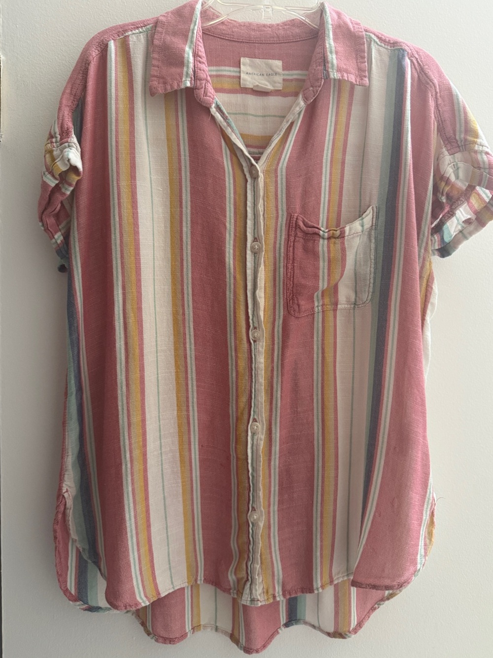 American Eagle Outfitters Pink Multi-Striped Button-Down Shirt